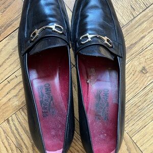 Salvatore Ferragamo Black Leather Loafers with Gold Accent